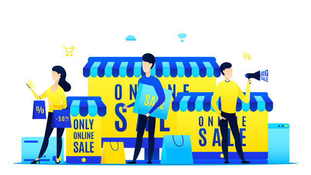 Online shopping banner template. Modern flat design of web page with people buying in the internet. Vector illustration.