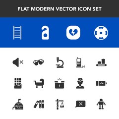 Modern, simple vector icon set with technology, cardboard, chocolate, privacy, bag, alcohol, poker, ladder, pack, volume, phone, microscope, luggage, carriage, money, telephone, science, beer icons