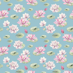 Plakat watercolor lotus flowers seamless pattern.