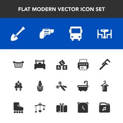 Modern, simple vector icon set with technology, vehicle, gun, reparation, alphabet, rocket, transport, shovel, print, white, basket, pistol, corn, home, equipment, table, market, bus, abc, space icons