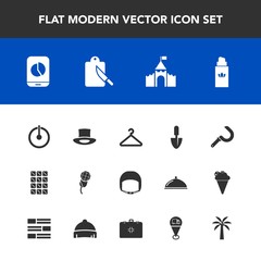 Modern, simple vector icon set with button, sound, mic, sickle, power, fork, perfume, hanger, aroma, belt, tool, chocolate, bottle, kitchen, music, harvest, shovel, business, work, cloakroom icons