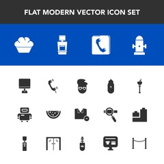 Modern, simple vector icon set with hydrant, dessert, watermelon, internet, shirt, book, pc, wine, drink, laptop, ice, fashion, male, clothes, sweet, machine, alcohol, fire, telephone, doughnut icons