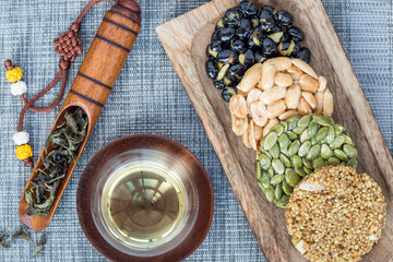 Korean traditional sweet snacks. Healthy energy snacks. Top view, horizontal