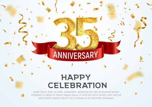 35 years anniversary vector banner template. Thirty five year jubilee with red ribbon and confetti on white background