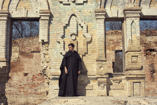 A lonely monk in an abandoned old castle