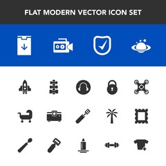 Modern, simple vector icon set with flame, gym, web, earth, clothes, sign, fashion, peeler, projector, pan, spaceship, vegetable, shirt, nature, decoration, potato, planet, security, carriage icons