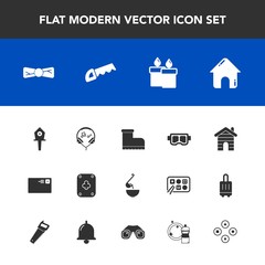 Modern, simple vector icon set with meal, letter, decoration, send, tie, summer, business, play, internet, spoon, technology, sound, spring, nest, music, wax, communication, bow, estate, leather icons