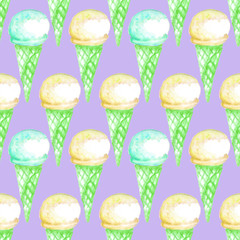 Seamless ice-cream pattern. Watercolor hand drawn summer beach print in unusual colors with ice lolly , Ice cream in a waffle cup. Childish baby background. Food print. Fabric, paper, cover, web