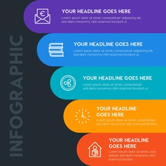 Flat money, time, education infographic steps template with 5 options for presentations, advertising, annual reports.