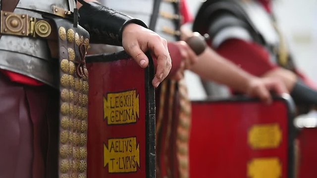 Reenactment video detail with roman soldiers uniforms