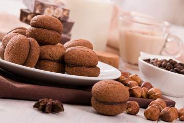 Hazelnut shortbread sandwiches filled with chocolate cream.