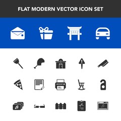 Modern, simple vector icon set with food, real, gift, bird, box, message, business, estate, equipment, holiday, meat, fork, vehicle, mark, travel, exclamation, lunch, edit, sign, printer, text icons