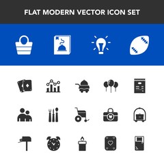 Modern, simple vector icon set with bag, light, style, bed, wheelchair, bulb, chart, sign, person, handicap, ball, birthday, restaurant, fire, fashion, play, finance, candle, spoon, decoration icons