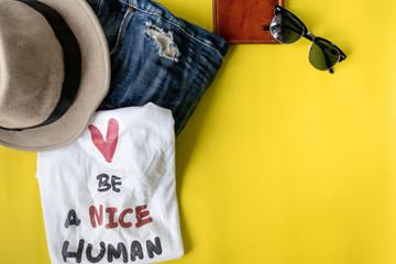 Fototapeta premium travel life stlye set with be a nice human qoute on t shirt