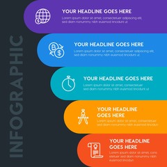 Flat money, time, education infographic steps template with 5 options for presentations, advertising, annual reports.