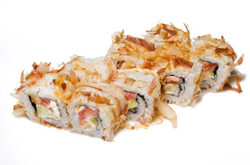 Japanese seafood sushi , roll on a white background