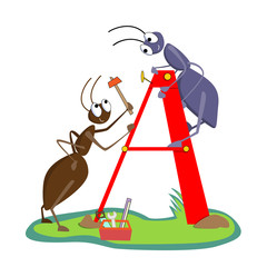 Colorful vector letter of alphabet with cute ants for poster in class, stickers and magnets. Letter A for children's education