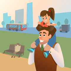 Dad and daughter walk together in city Park. Daughter binds papa bow.