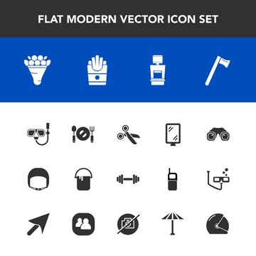 Modern, simple vector icon set with sea, fast, cut, scan, flower, street, binocular, biker, machine, house, fork, food, hammer, potato, decoration, painter, summer, work, banner, tool, mask, gym icons