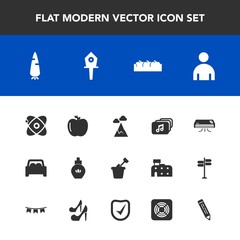 Fototapeta premium Modern, simple vector icon set with fruit, pen, pencil, boy, mountain, music, vegetable, air, spring, fashion, vehicle, nest, nature, play, cosmos, sand, car, food, blue, conditioner, file, raw icons