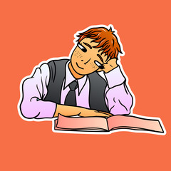 A thoughtful schoolboy sits and looks dreamily at the book