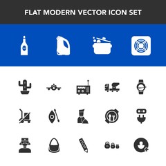 Modern, simple vector icon set with scale, plant, construction, kayaking, alcohol, send, food, concrete, glass, plane, media, watch, radio, water, activity, sign, airplane, cement, green, smart icons