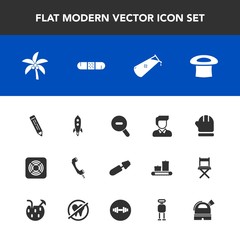 Fototapeta premium Modern, simple vector icon set with science, makeup, brush, cyborg, male, chemistry, leaf, medicine, futuristic, health, rocket, technology, healthy, phone, robot, sign, boy, palm, communication icons