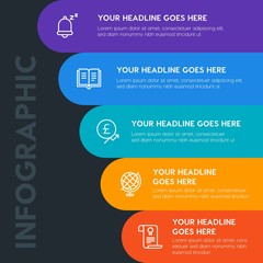 Flat money, time, education infographic steps template with 5 options for presentations, advertising, annual reports.