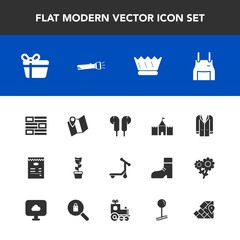 Modern, simple vector icon set with chef, luxury, tower, uniform, internet, geography, home, cook, celebration, style, king, flashlight, pin, map, queen, gift, plant, green, music, world, crown icons