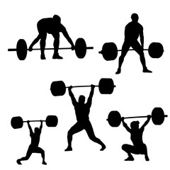 Set of silhouettes of men with a barbell on a white background