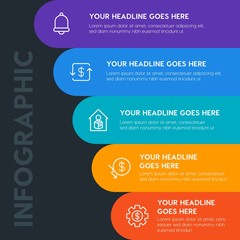 Flat money, time, education infographic steps template with 5 options for presentations, advertising, annual reports.