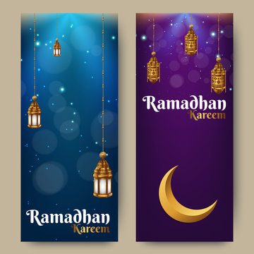 Islamic greeting on roll up banner Ramadan kareem vertical template design with mosque and arabic lantern