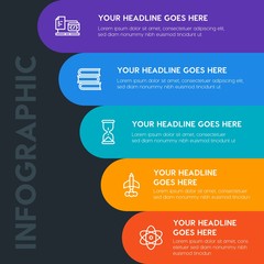 Flat money, time, education infographic steps template with 5 options for presentations, advertising, annual reports.