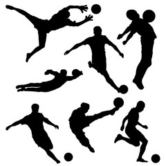 Set of soccer player silhouettes with ball on white background