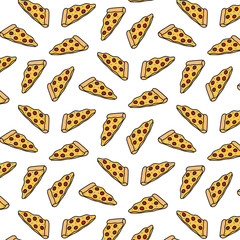 Hand drawn vector illustration of pizza pattern in cartoon style.