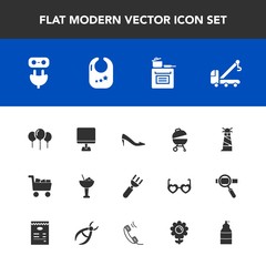 Modern, simple vector icon set with cart, decoration, sea, shoe, power, commerce, meat, car, oven, computer, beacon, knife, drink, spoon, fashion, accident, alcohol, birthday, cooking, light, pc icons