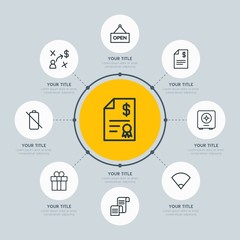 Circle network chart business, mobile, shopping infographic template with 8 options for presentations, advertising, annual reports.