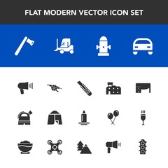 Modern, simple vector icon set with transport, car, war, lamp, office, tent, house, cutter, screwdriver, desk, axe, candle, table, loudspeaker, flame, delivery, outdoor, adventure, weapon, work icons