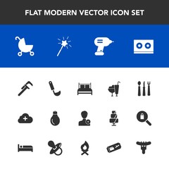 Modern, simple vector icon set with wand, light, pram, bulb, knife, spoon, person, member, dessert, internet, stroller, music, cooking, child, bedroom, kitchen, energy, fork, sweet, service, ice icons