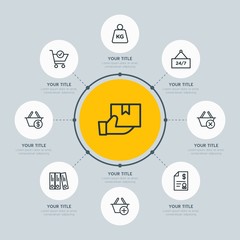 Circle network chart business, mobile, shopping infographic template with 8 options for presentations, advertising, annual reports.