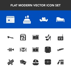 Modern, simple vector icon set with radio, office, dessert, food, timetable, couch, file, hat, time, media, doughnut, schedule, footwear, clothing, high, equipment, cake, toy, home, folder, day icons