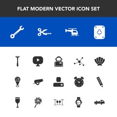 Modern, simple vector icon set with weapon, truck, game, social, delivery, map, science, gun, shipping, contact, tool, astronaut, person, cannon, hammer, play, sea, molecule, cosmonaut, gadget icons