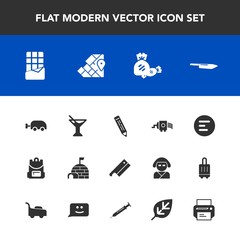 Modern, simple vector icon set with map, ice, drink, mobile, pencil, pen, technology, chocolate, lollipop, arctic, juice, geography, menu, cooking, meat, snow, bar, house, school, igloo, sweet icons