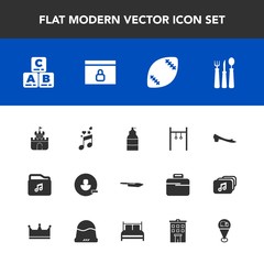 Modern, simple vector icon set with knife, website, note, account, fashion, music, game, spoon, internet, estate, restaurant, sign, building, football, white, web, athlete, location, user, child icons