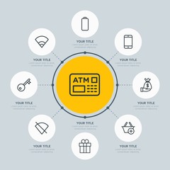 Circle network chart business, mobile, shopping infographic template with 8 options for presentations, advertising, annual reports.