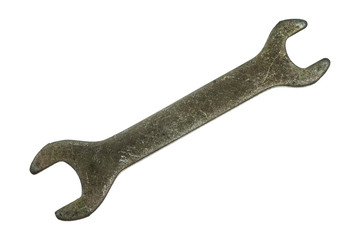 Old grungy wrench on white background. Isolated image of antiquare spanner.