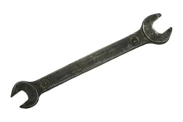 Old grungy wrench on white background. Isolated image of antiquare spanner.