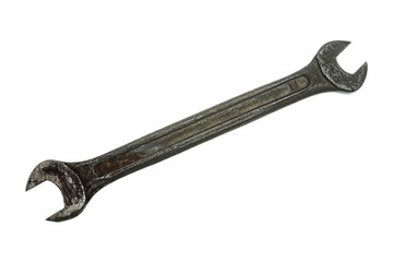 Old grungy wrench on white background. Isolated image of antiquare spanner.