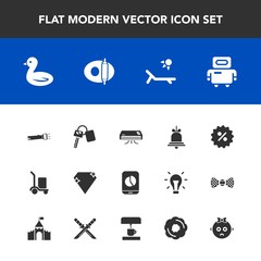 Modern, simple vector icon set with alarm, food, notification, warehouse, percent, key, pan, robot, package, flashlight, vacation, conditioning, chart, sign, conditioner, bird, sky, bell, summer icons