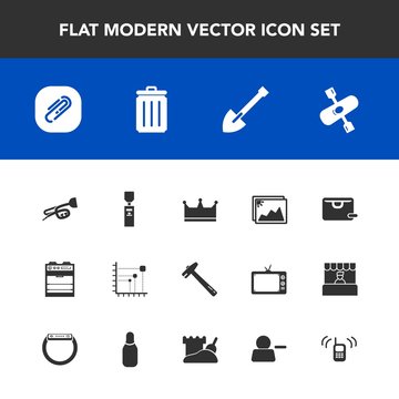 Modern, simple vector icon set with oven, sound, photo, kitchen, paper, diagram, king, bin, paperclip, trumpet, sale, wrench, ringing, hammer, call, spanner, image, river, business, bag, clip,  icons
